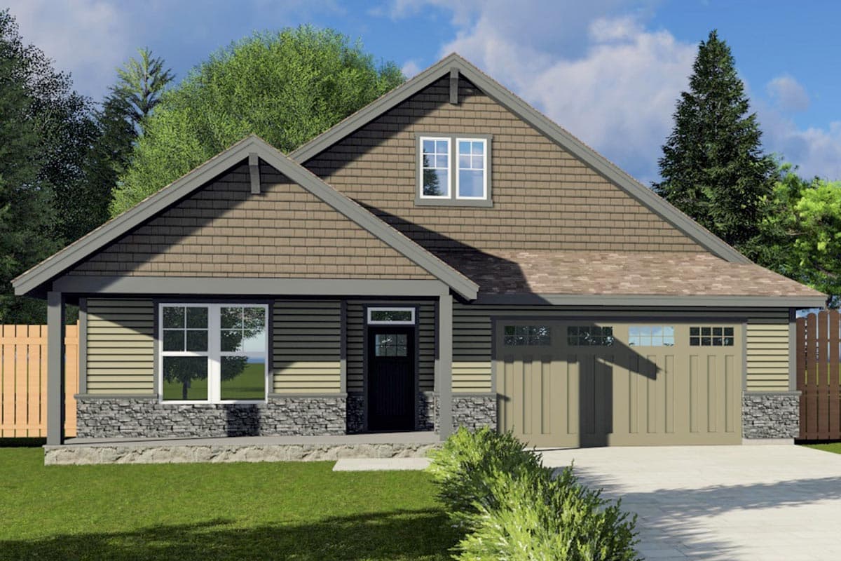 House plan exterior. Craftsman style with two gables, covered porch, and attached garage. Exterior features a combination of shingle and lap siding.
