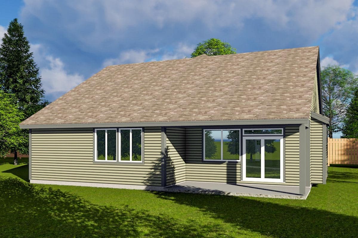 House plan exterior with horizontal siding, a gabled roof, and a covered patio with glass doors.