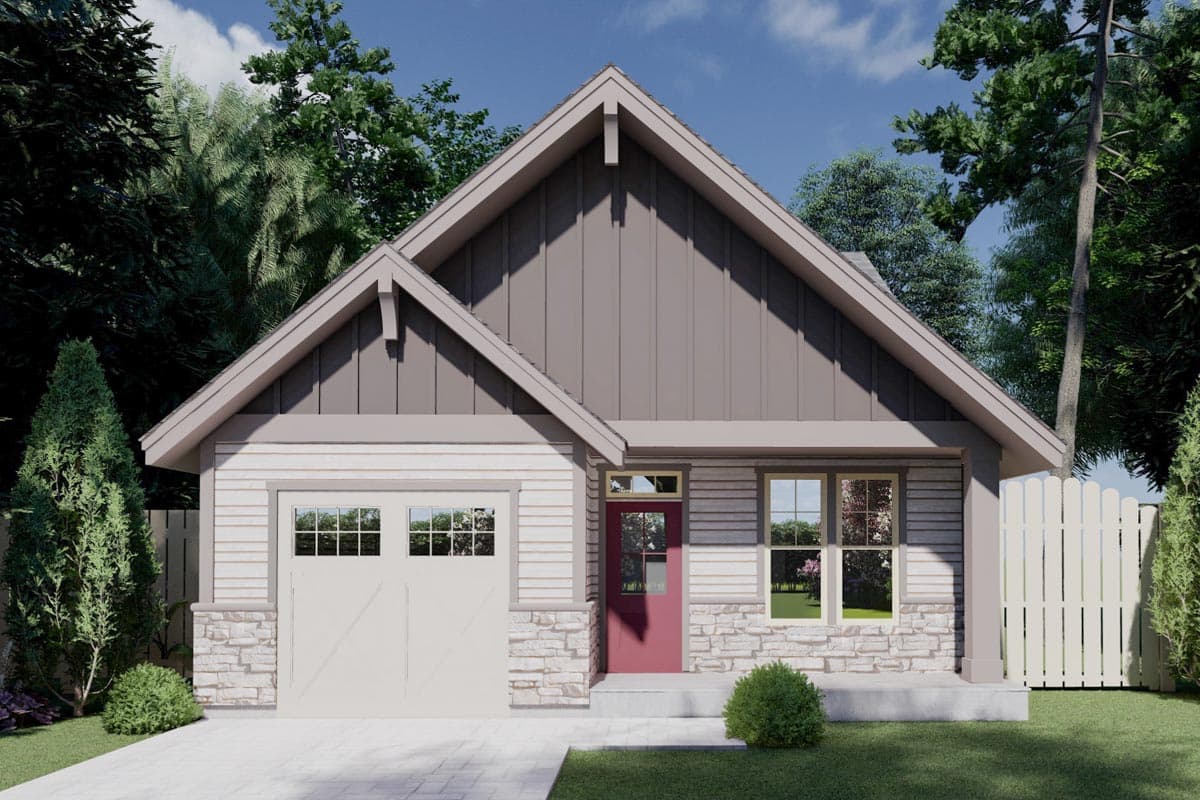 House plan exterior. Single-story home with a gabled roof, vertical siding, and a stone facade. Includes a front-facing garage.