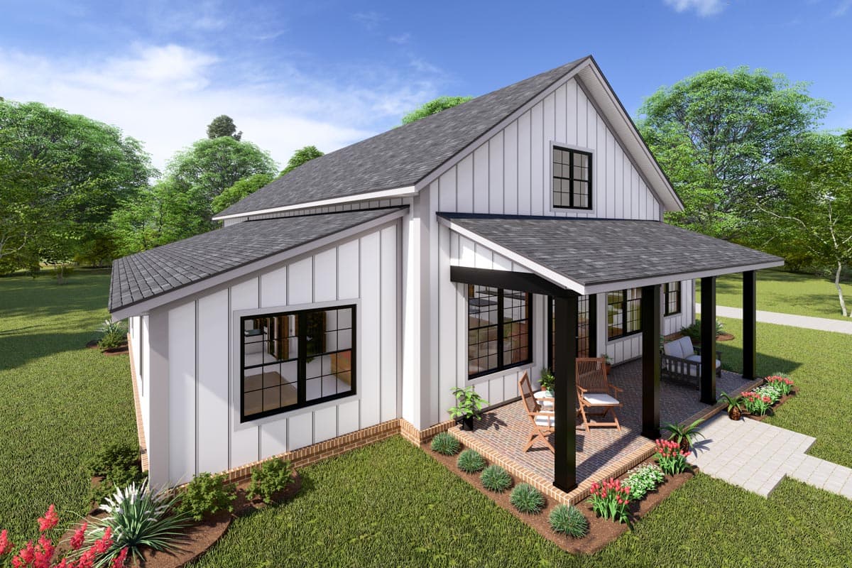 Modern Farmhouse house plan exterior, two stories, white vertical siding, gable roof, covered porch with dark columns.
