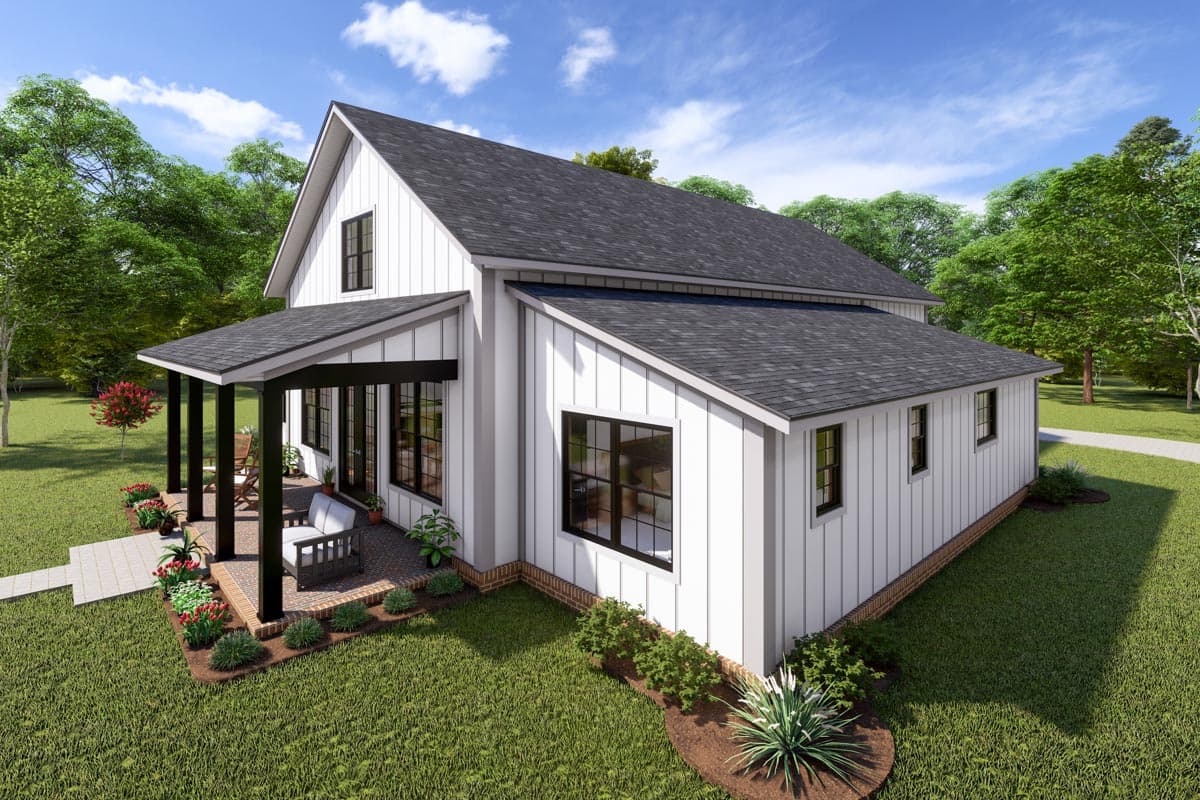 Modern Farmhouse house plan exterior with board and batten siding, gable roof, and covered porch with dark columns.