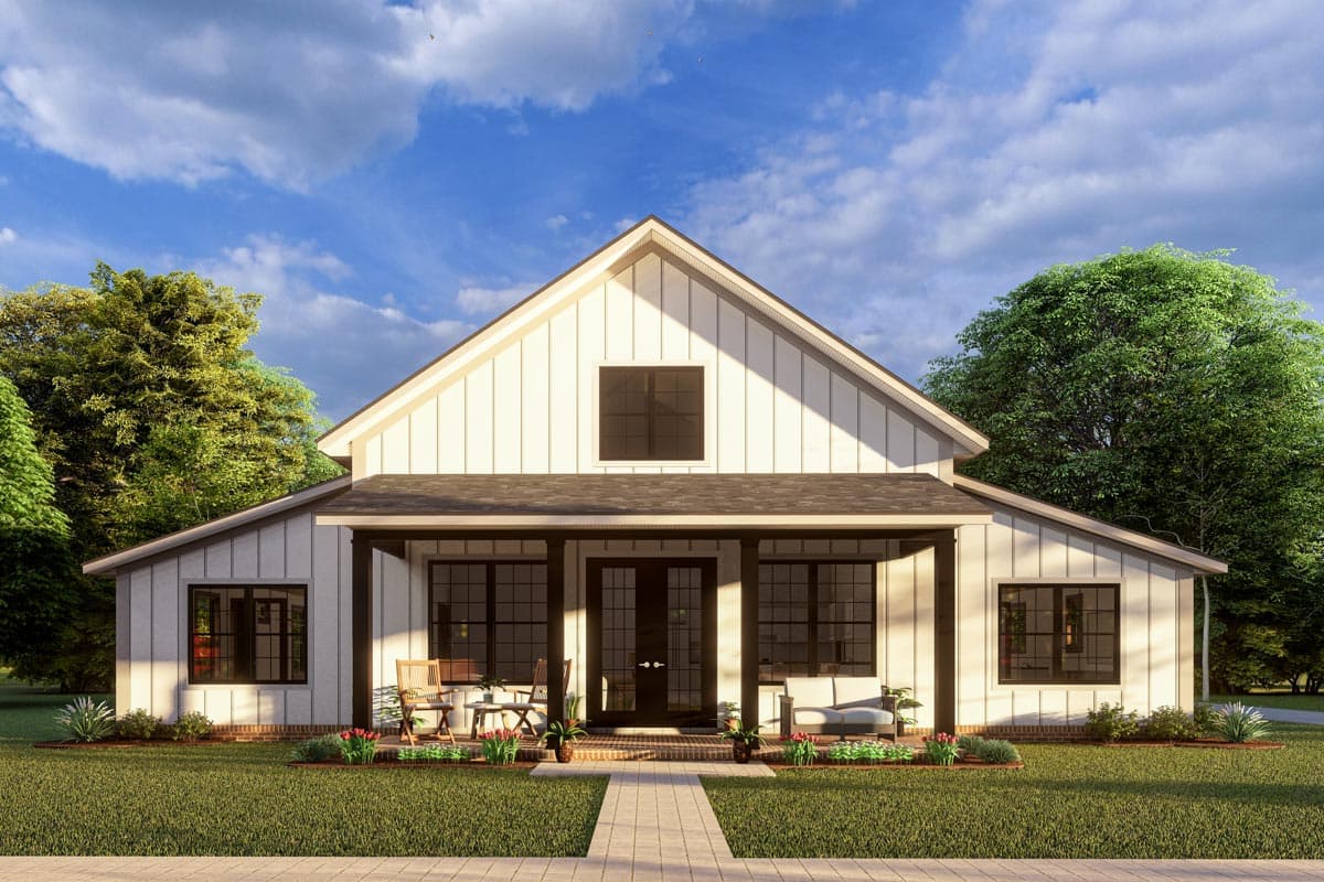 House plan exterior. Modern Farmhouse style with a single story, a covered porch, board and batten siding, and a gable roof.