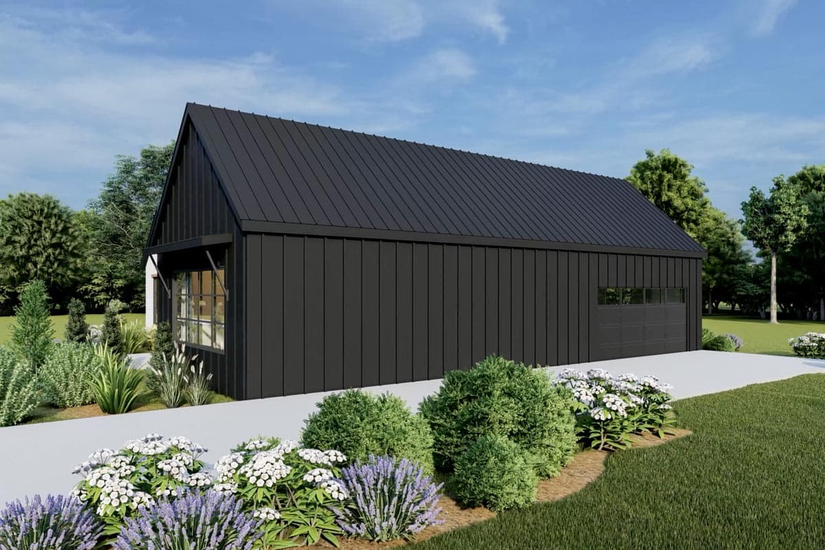 House plan exterior: Modern design with dark vertical siding, standing seam roof, large windows, and attached garage.