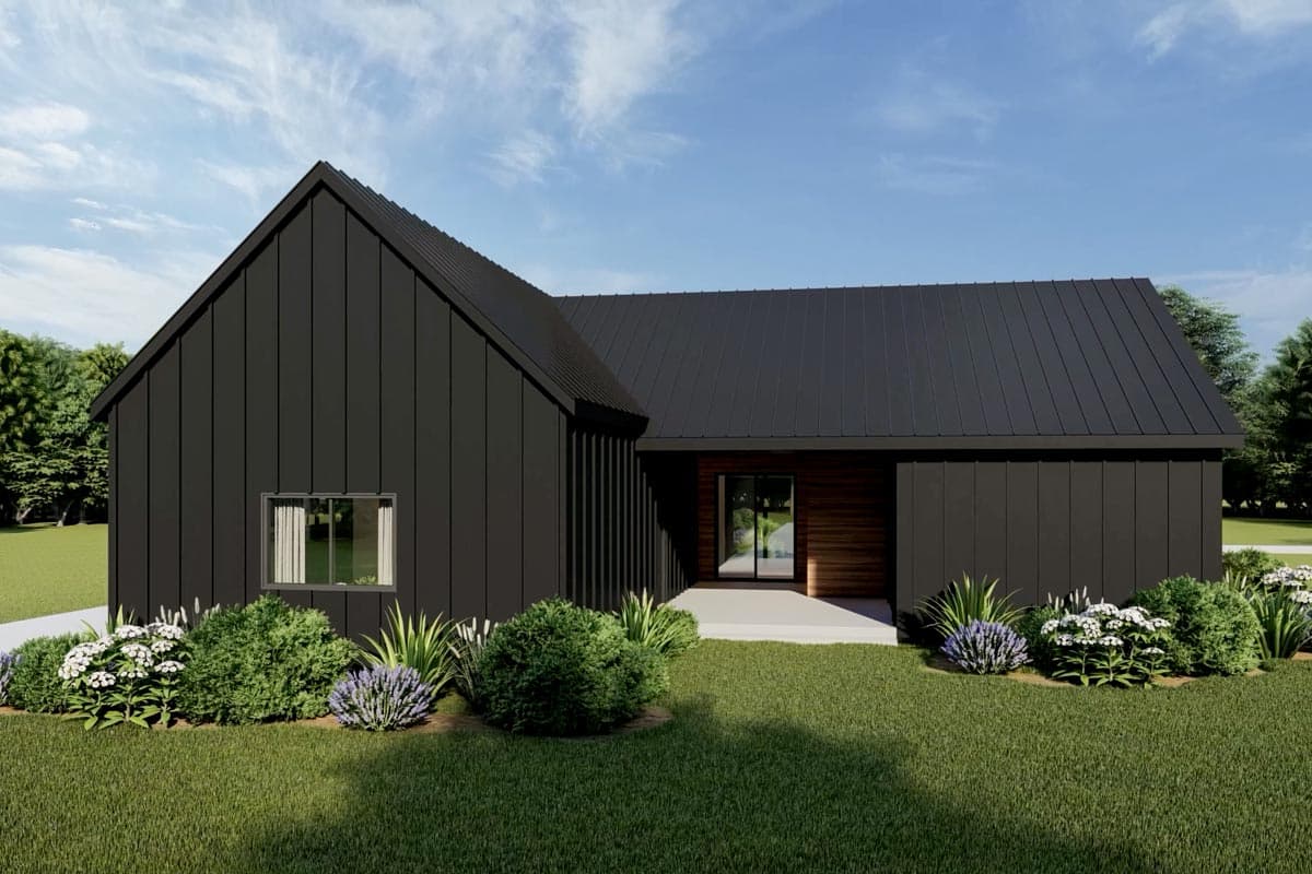 Modern ranch house plan exterior with standing seam metal roof, dark vertical siding, and wood-accented entryway.