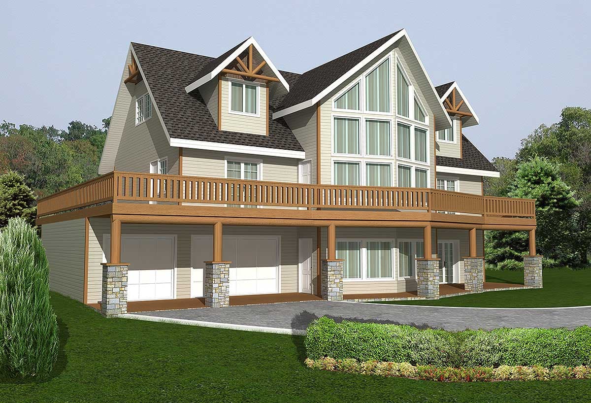 House plan exterior: Two-story home with wraparound deck, prominent gables, and large front-facing window array.