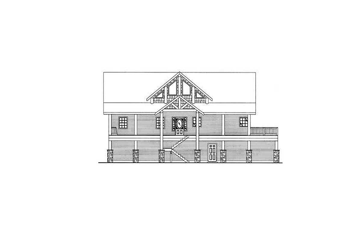 House plan exterior elevation showing a two-story log home with a prominent gable roof, covered porch, and stone pier foundation.