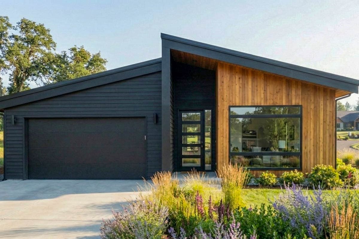 House plan exterior. Modern style with a single story, featuring a single-car garage, clerestory windows, and a shed roof design.