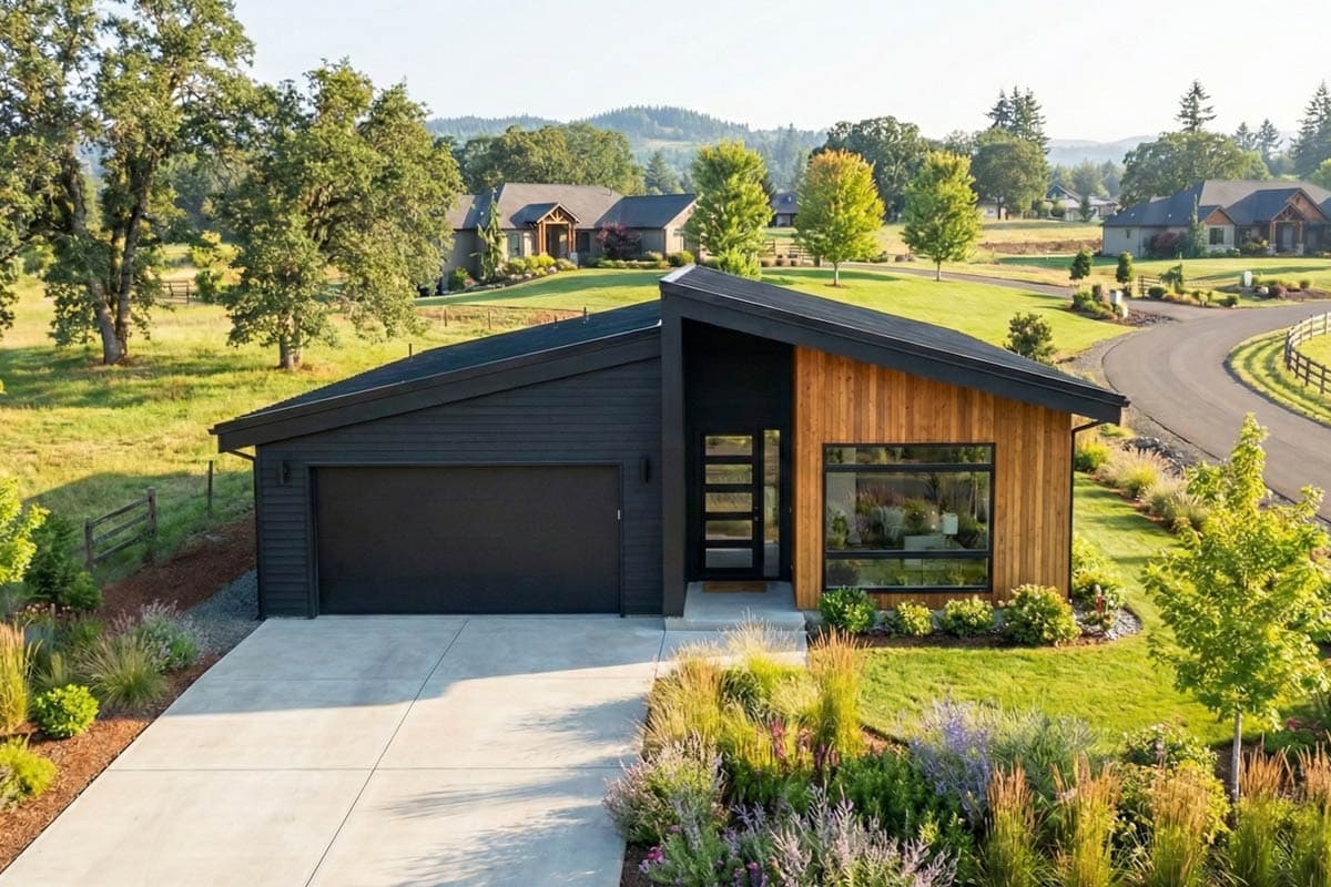 House plan exterior featuring Modern style, single story, flat roof, and wood siding accent. Includes attached garage and large picture windows.