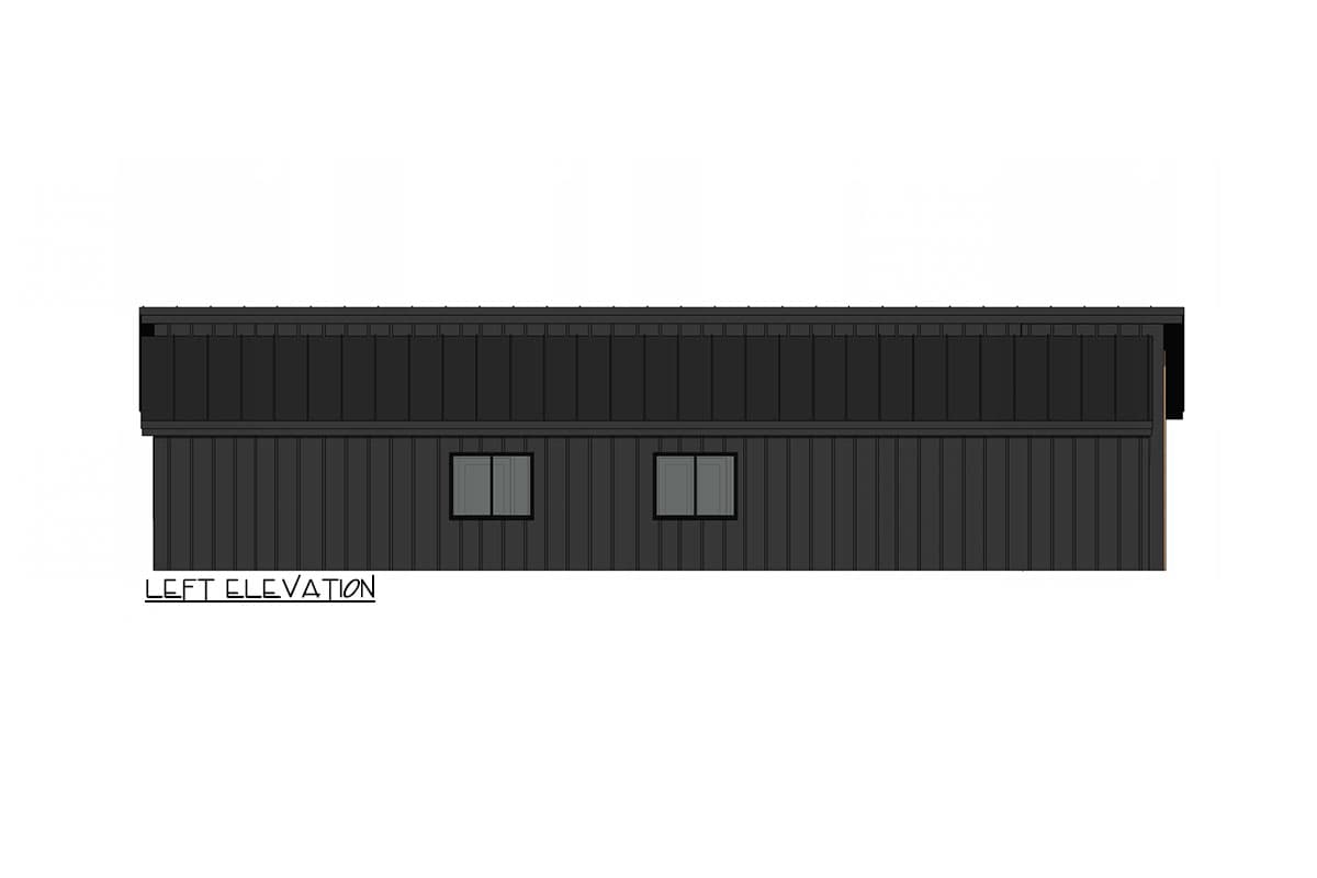 House plan left elevation with dark siding, a flat roof, and two windows. Text reads: LEFT ELEVATION.