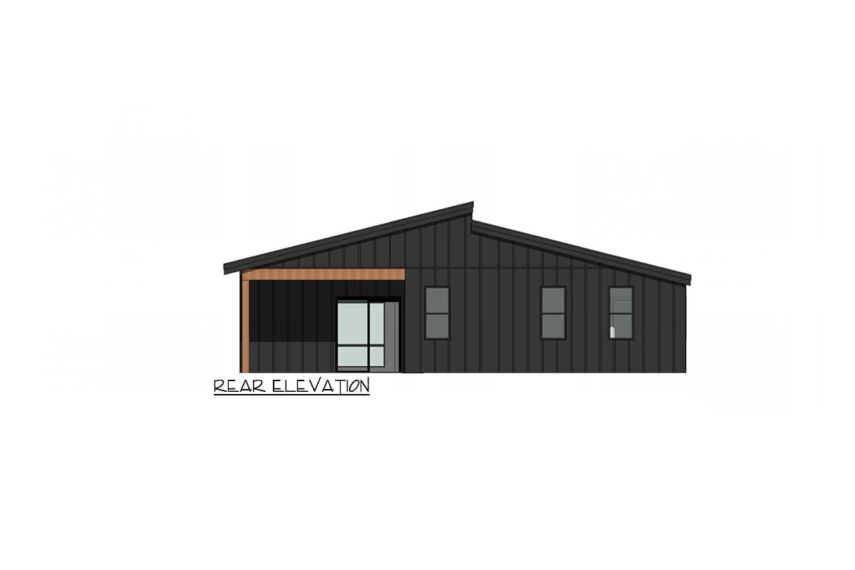 House plan exterior. Modern style with a shed roof, covered porch, and three evenly spaced windows. Rear elevation view.