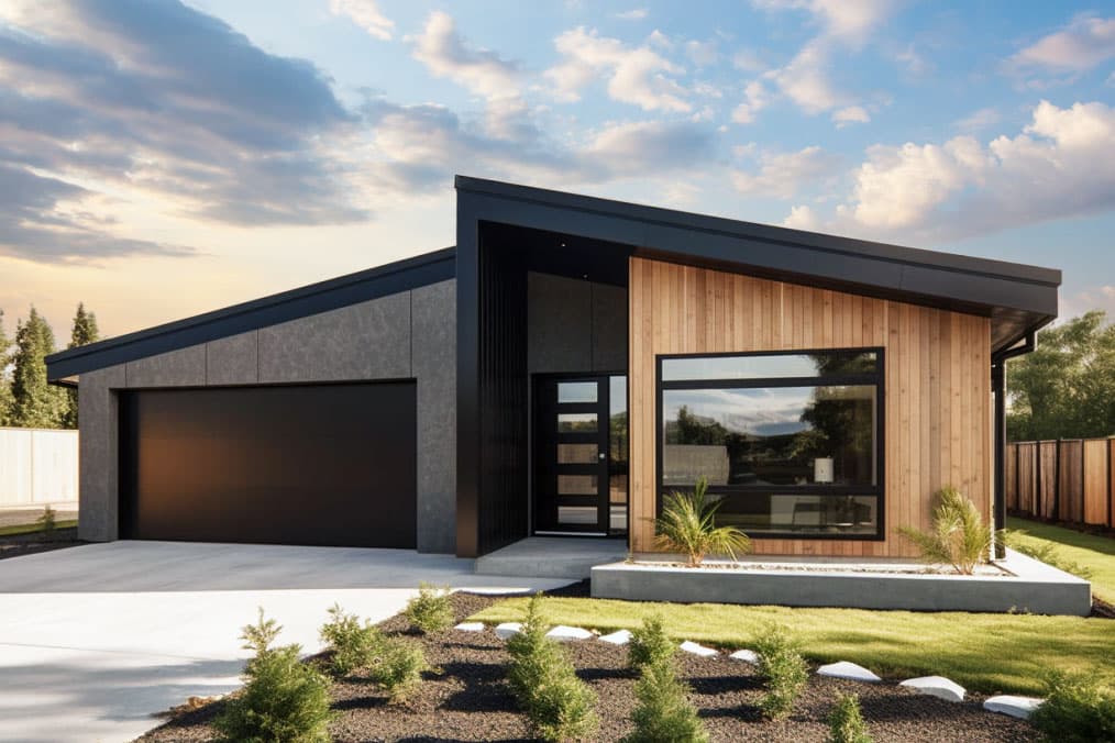 House plan exterior. Modern style with a single story, flat roof, and attached garage. Features include wood siding and large windows.