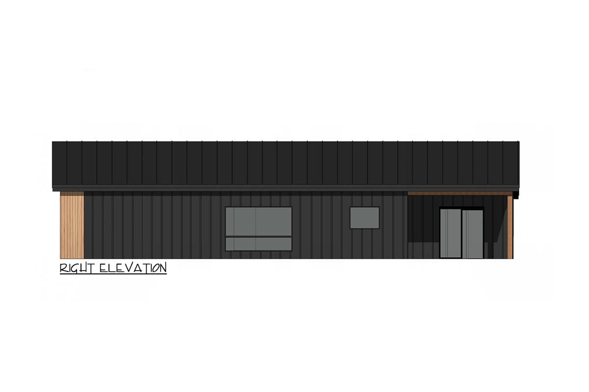 House plan exterior right elevation. Features include a flat roof, sliding glass door, and a wooden accent column.