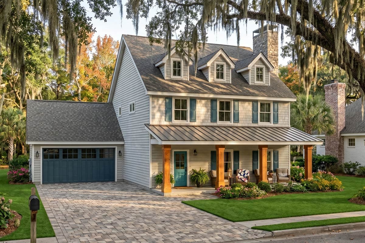 House plan exterior: Two-story home with dormer windows, wraparound porch with wood columns, metal roof, and attached two-car garage.