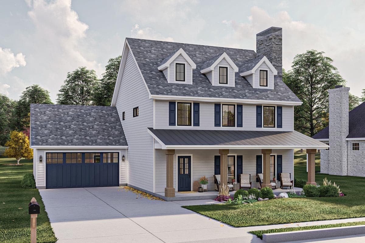 House plan exterior. Two-story Colonial with gabled roof, front porch with columns, and dormers. Attached garage on left side.