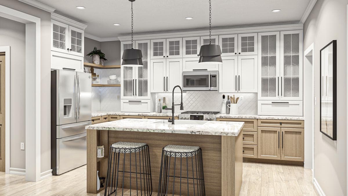 Kitchen rendering with white cabinets, granite countertops, a central island with seating, and stainless steel appliances.