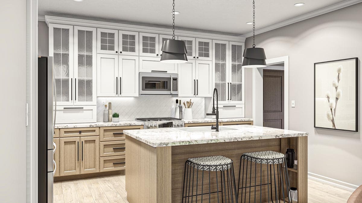 Contemporary kitchen with white upper cabinets, wood lower cabinets, island with granite countertop, and pendant lighting.