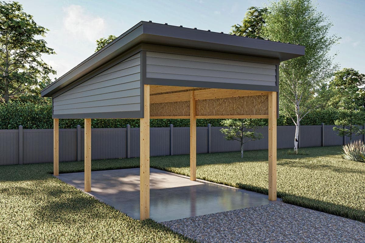 House plan exterior. Modern carport with a flat roof, horizontal siding, supported by wood posts. Concrete pad. Landscaped yard with fence.