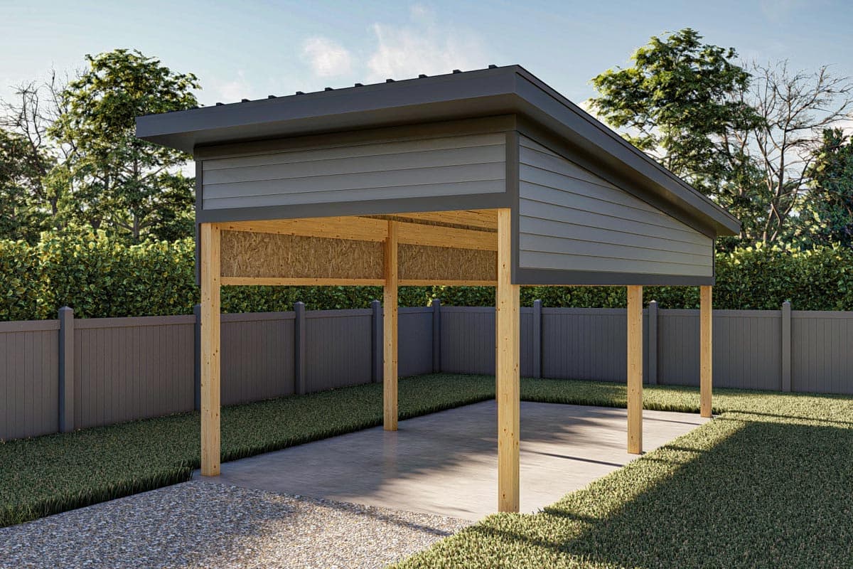Modern carport exterior with shed roof, wood posts, and horizontal siding.