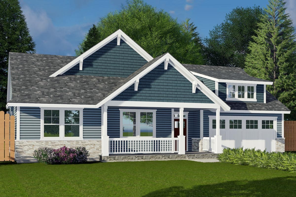 House plan exterior. Craftsman style, two-story house with gabled roof, front porch with columns, and attached garage. Stone veneer on the foundation.
