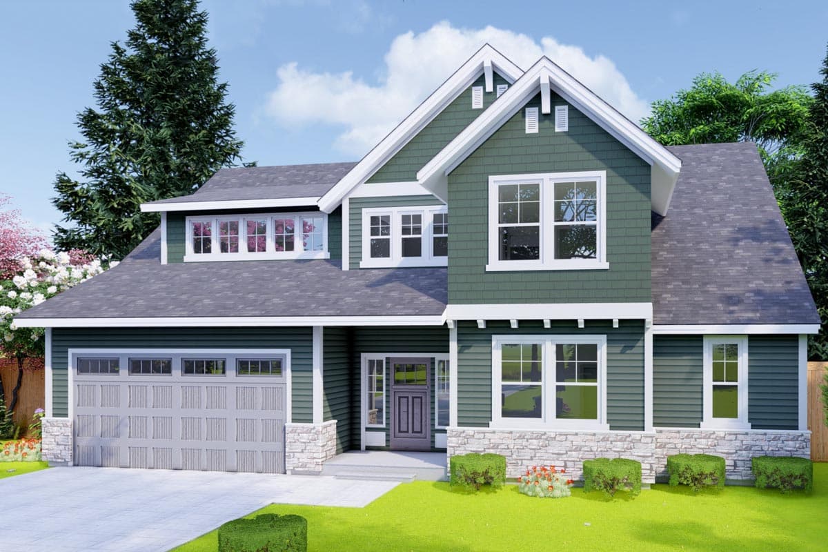 House plan exterior featuring Craftsman-style design, two stories, gable roof, dormers, and an attached garage.
