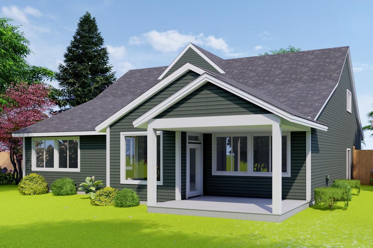 House plan exterior: One-story dwelling with a prominent front-facing gable, covered porch, and horizontal siding.