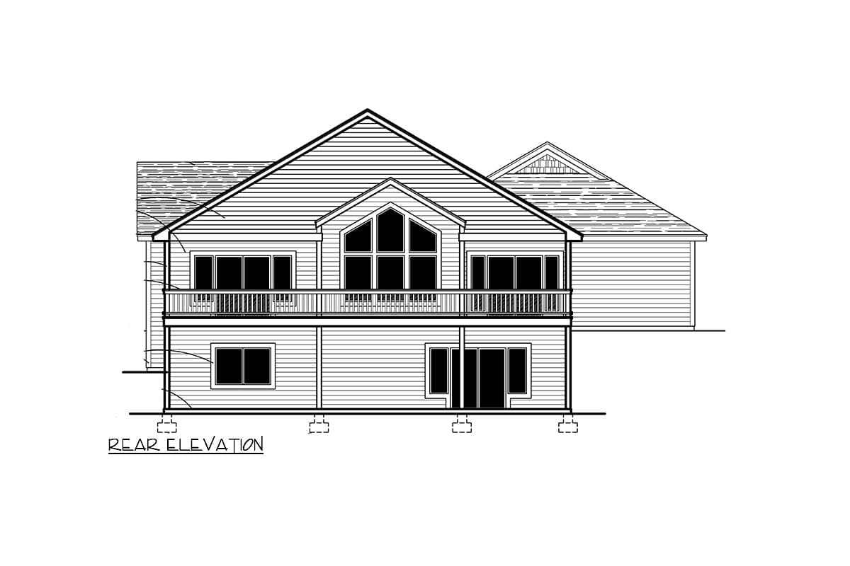 Rear elevation drawing of a two-story house with a balcony, prominent gabled dormer with multi-pane windows, and siding.