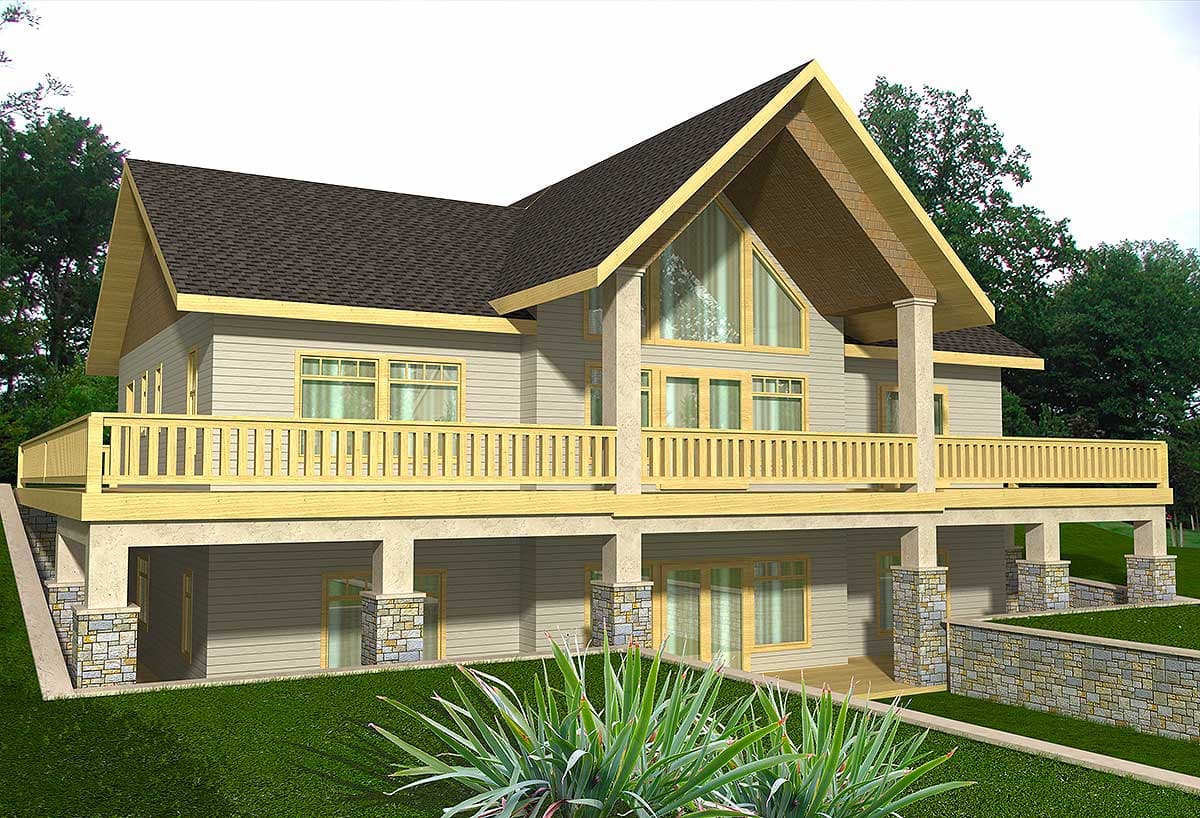 House plan exterior: Two-story home with wraparound deck, prominent gables, and stone accents on foundation piers.