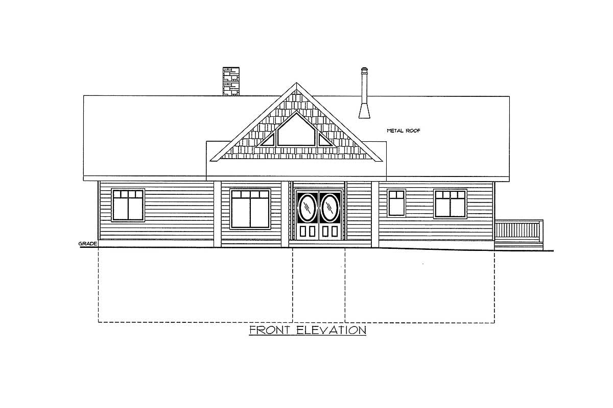 Front elevation drawing of a house plan with a prominent gable, double doors, chimney, and metal roof.
