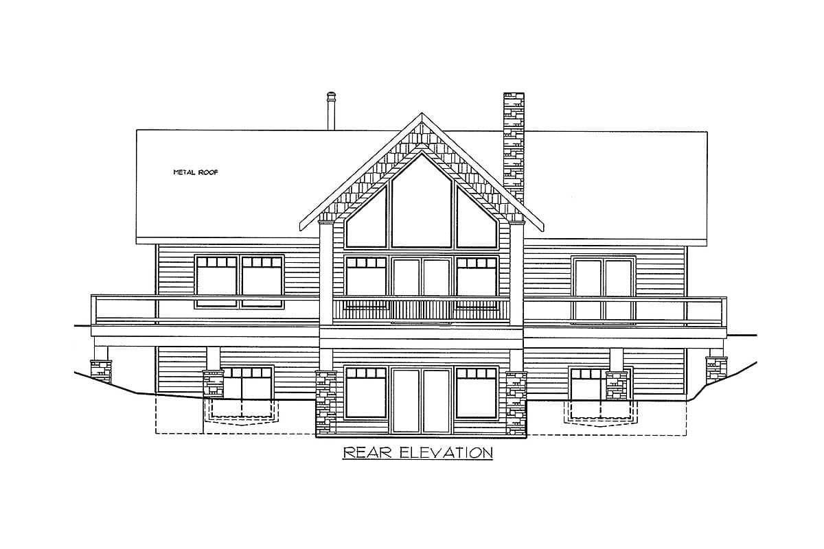 Rear elevation drawing of a two-story house plan with a gabled front, large windows, deck, and stone accents.