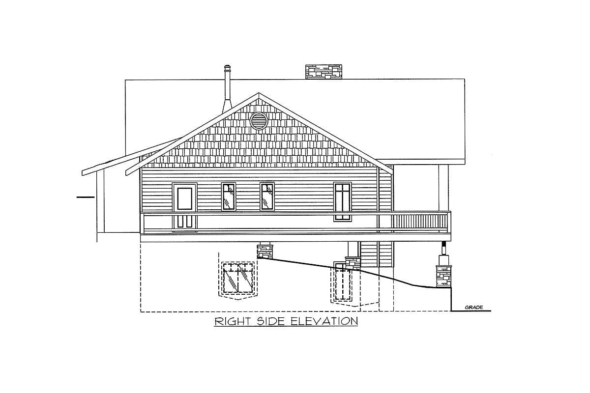 Right side elevation of a house plan showing a gabled roof with cedar shingles, horizontal siding, and a wraparound porch.