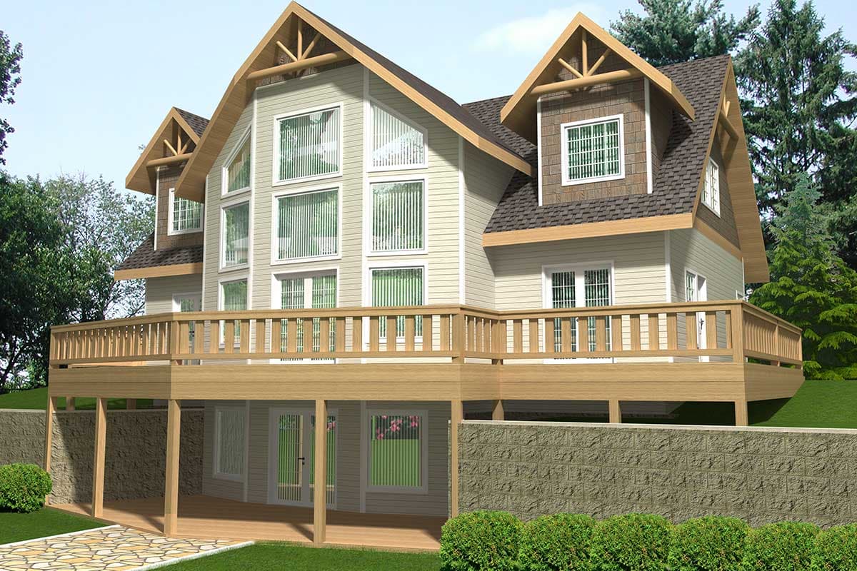 House plan exterior with multiple gables, stacked windows, and a large wrap-around deck over a walk-out basement.