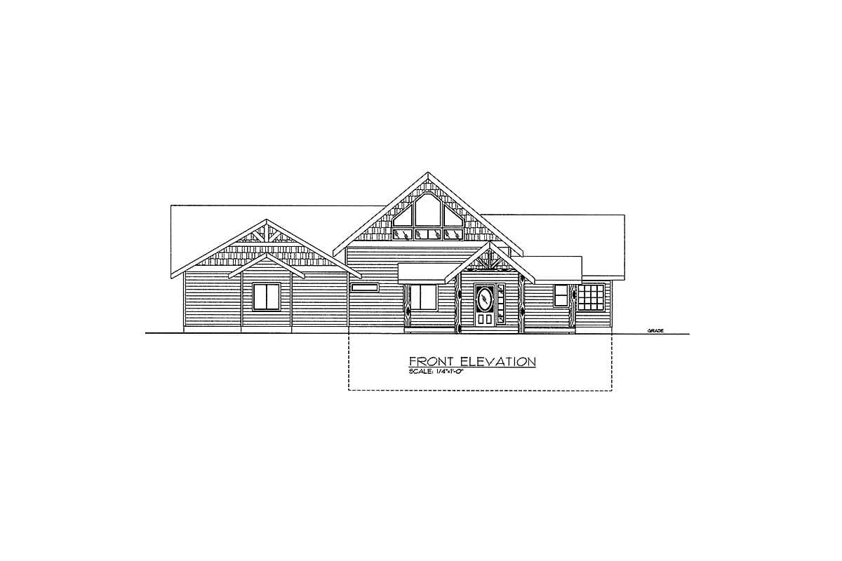 Front elevation drawing of a one-story house plan with multiple gables, a prominent central gable with dormer window, and covered entry.