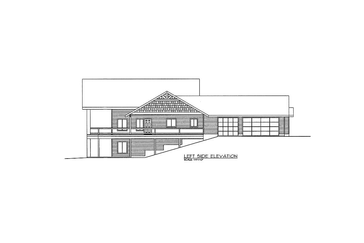 Left side elevation drawing of a multi-level house with a prominent gable and attached two-car garage.