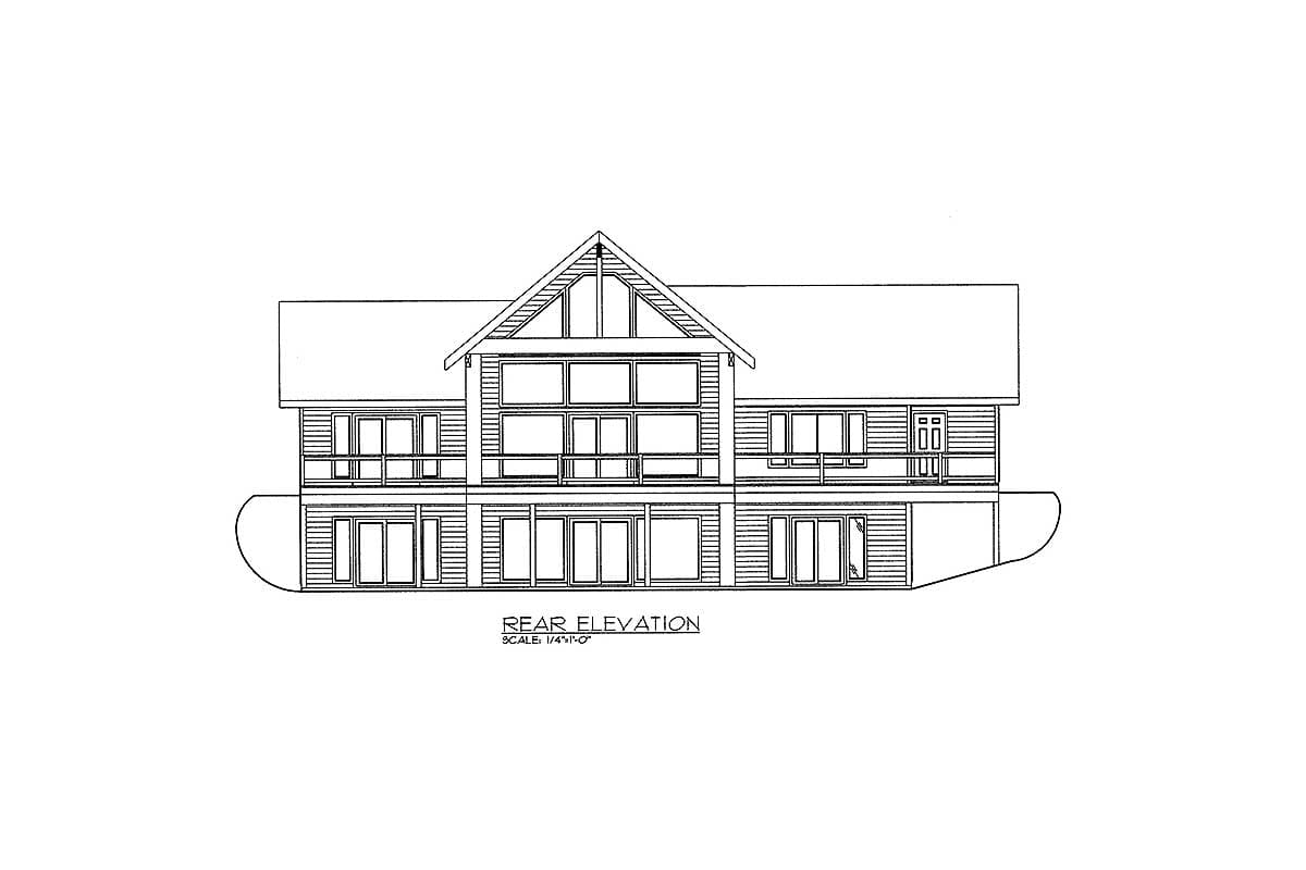 Rear elevation drawing of a multi-story house with gabled roof, large central windows, and a walk-out basement.