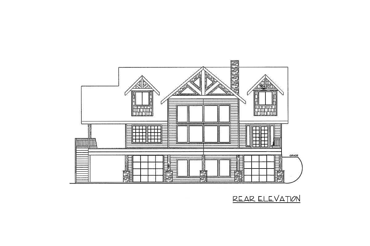 Rear elevation drawing of a two-story house plan with gables, dormers, a chimney, and a two-car garage.