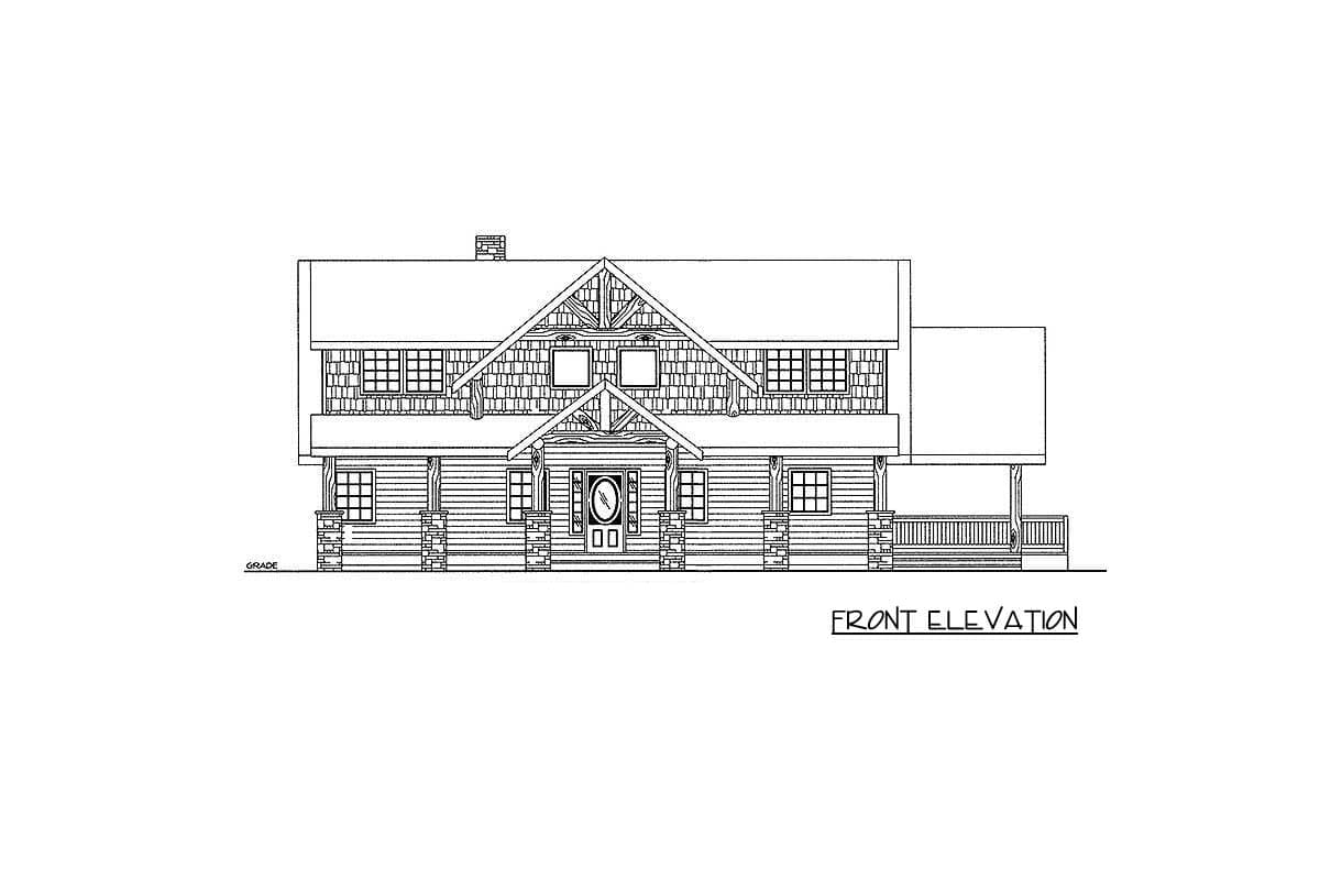 Front elevation drawing of a two-story house plan with a covered front porch, prominent gables, and stone-clad pillars.