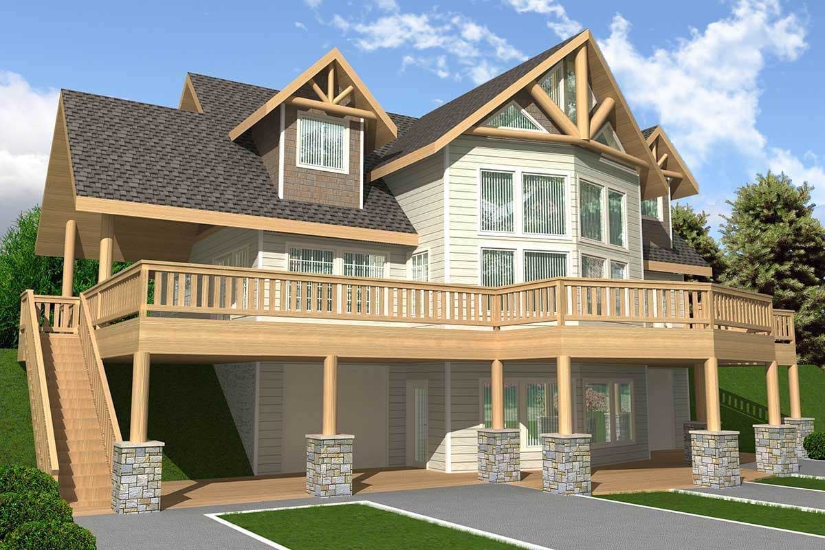 House plan exterior: Multi-story home with wraparound deck, exposed beams in gables, and stone-clad support columns.