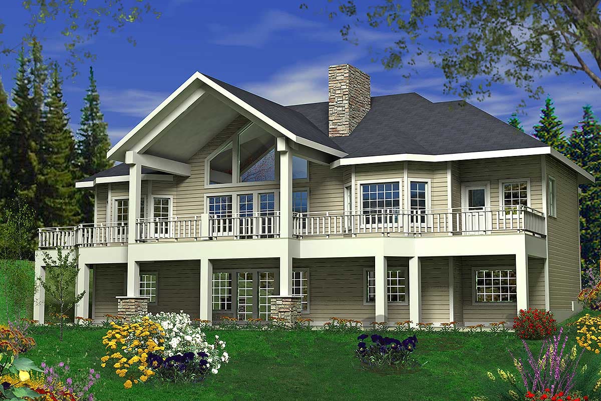 House plan exterior: Modern style, two stories, large gabled entry, stone chimney, and wrap-around deck.