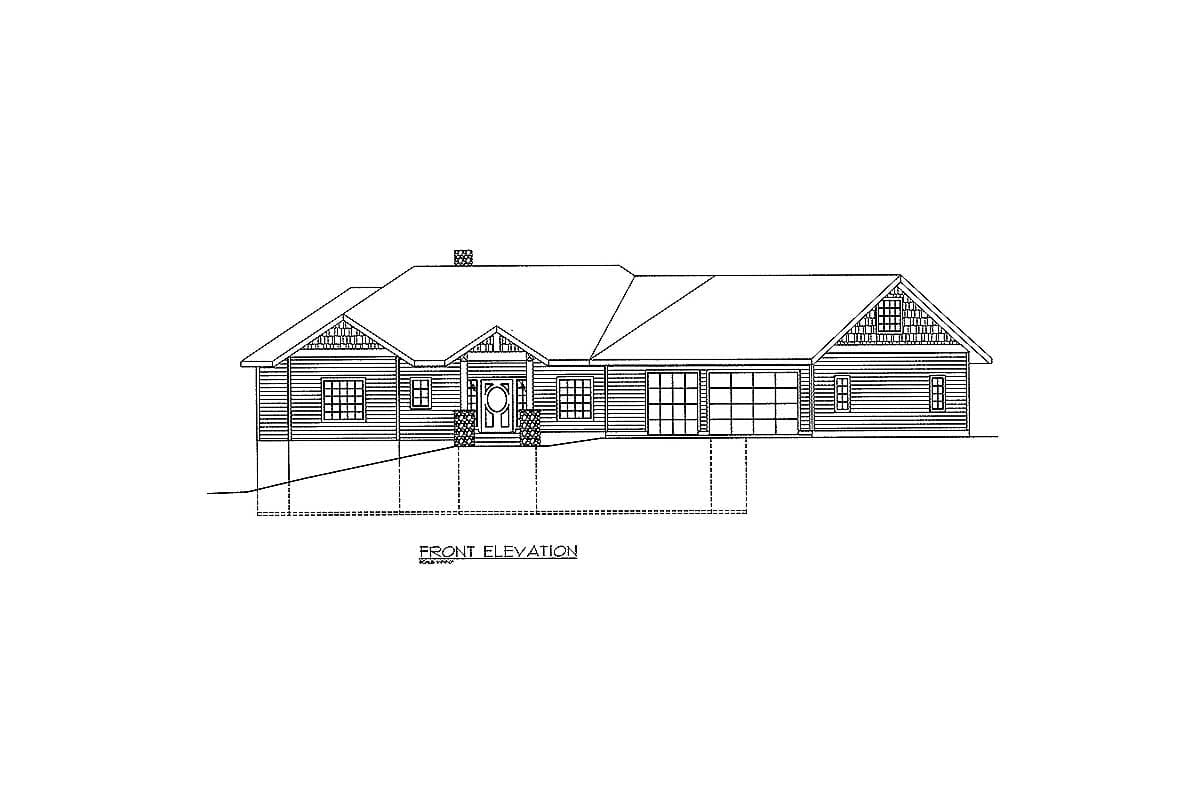 Front elevation drawing of a one-story house with a covered entry, a large garage door, and gabled dormers.
