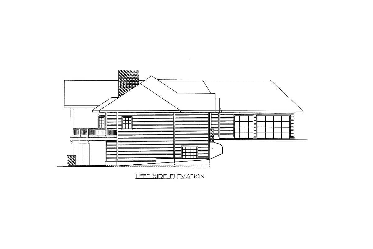 Left side elevation drawing of a house plan featuring a porch, prominent chimney, and a two-car garage.