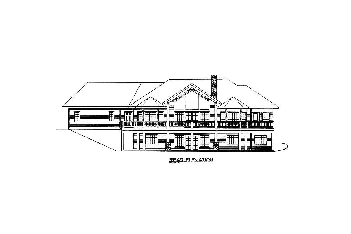 Rear elevation drawing of a multi-story house plan featuring a large central gable, multiple dormers, and extensive wraparound balconies.