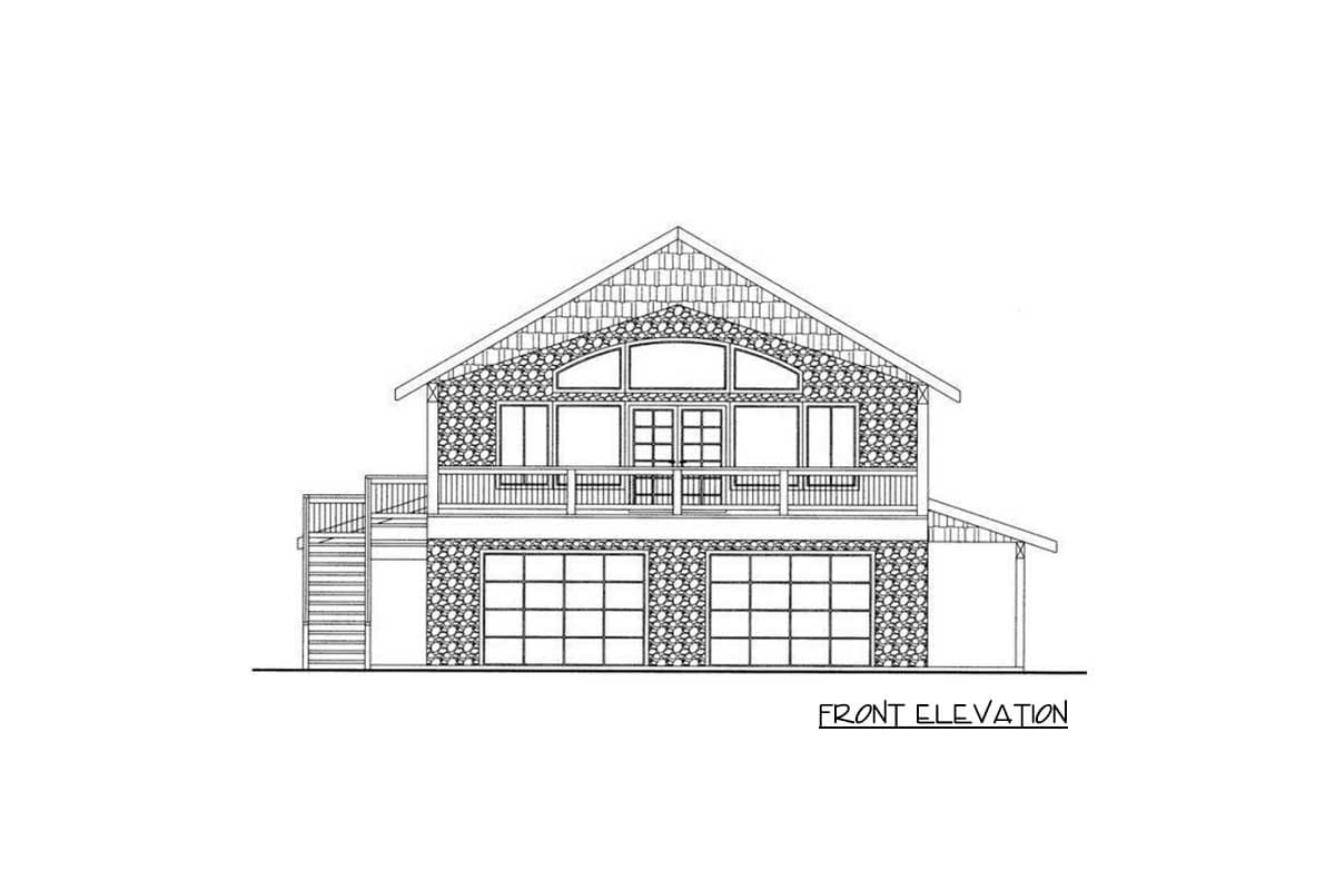 Front elevation drawing of a two-story house plan featuring a prominent gable, arched window, balcony, and two garage doors.
