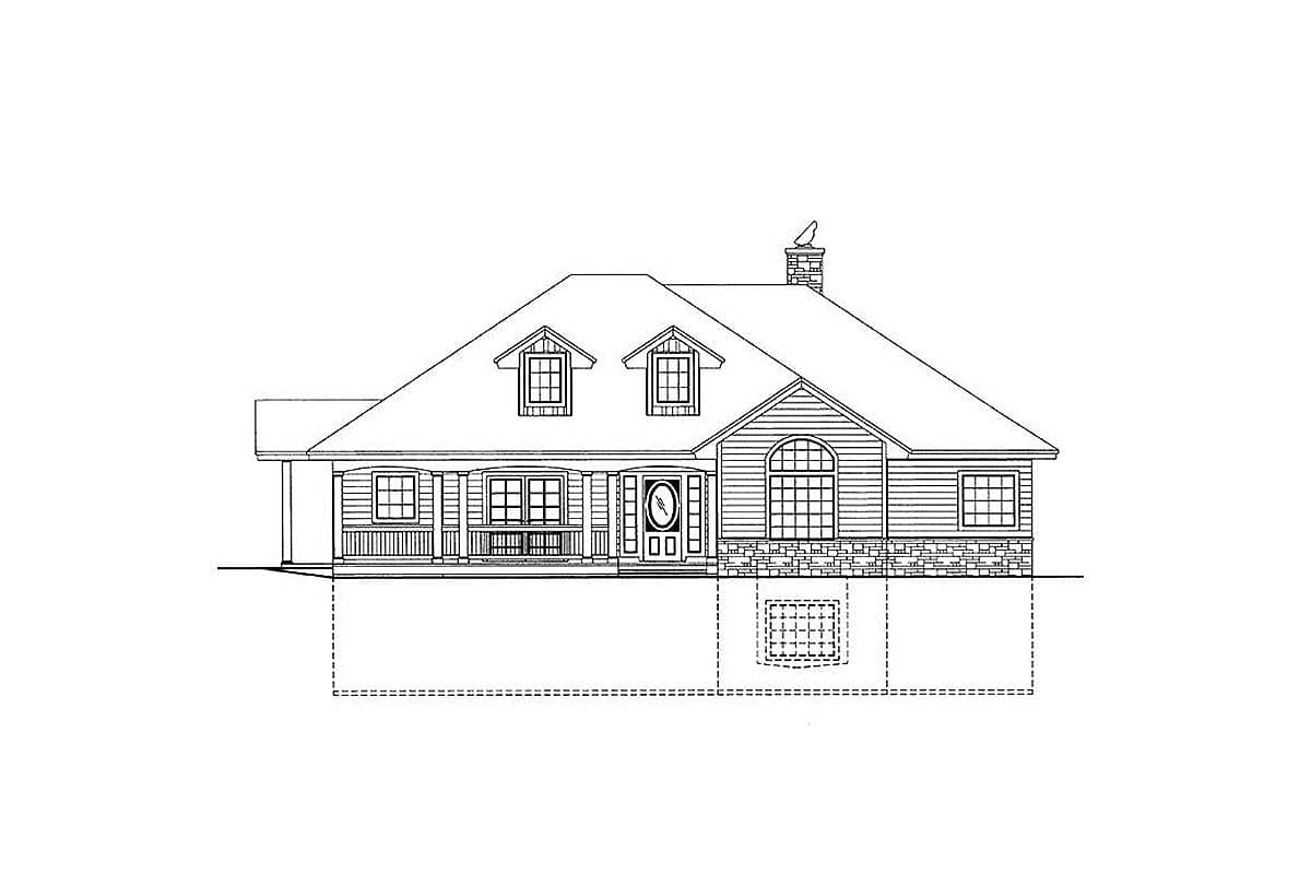 House plan exterior drawing showing a one-and-a-half story home with a covered front porch, dormers, and arched windows.