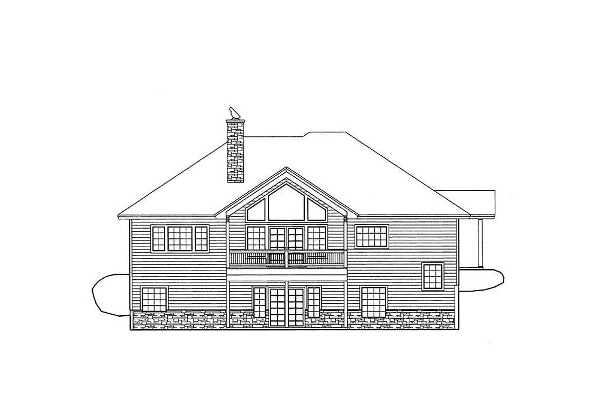House plan exterior: Two-story home with gable and large window, stone base, upper balcony, and prominent chimney.