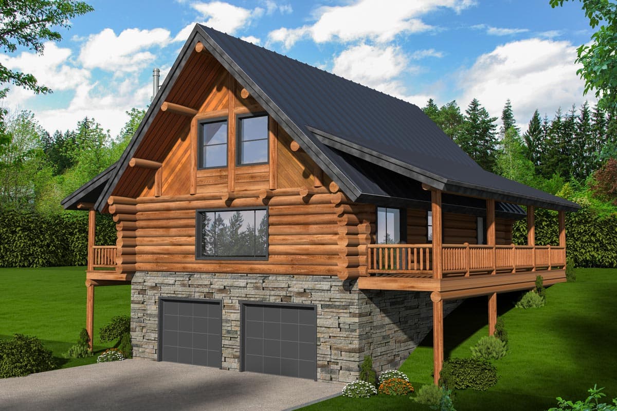 House plan exterior. Two-story log cabin with a gabled roof, dormers, and a wraparound porch. Features a garage below with a stone veneer base.