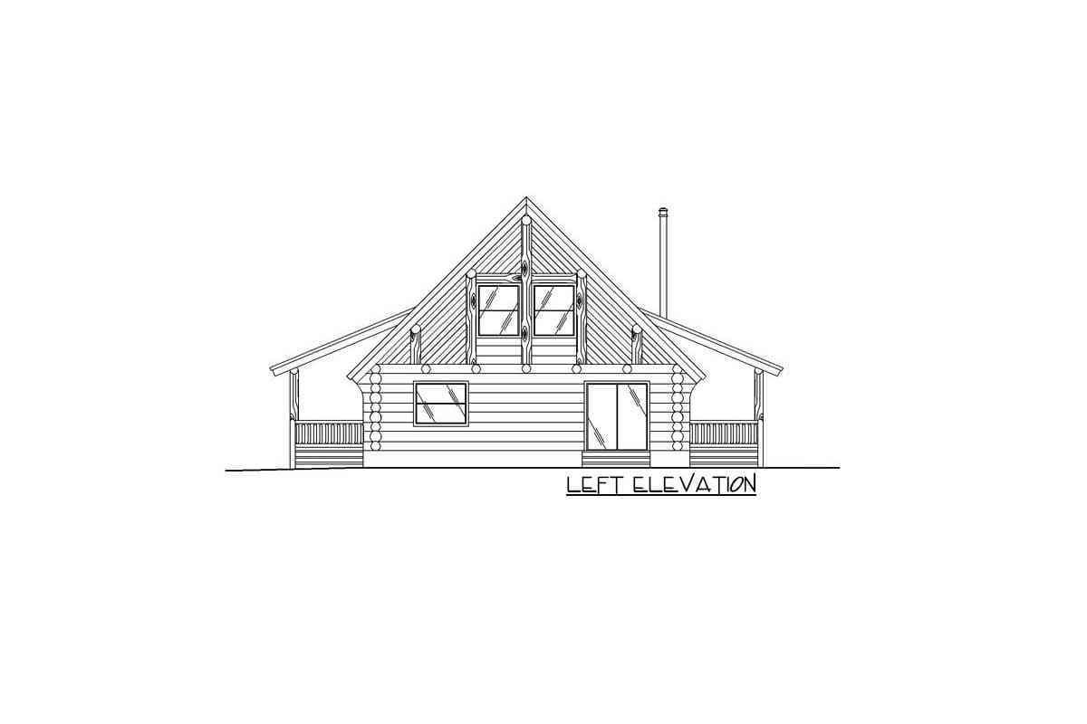 Left elevation drawing of a log house plan with a steeply pitched roof, dormers, and wrap-around porches.