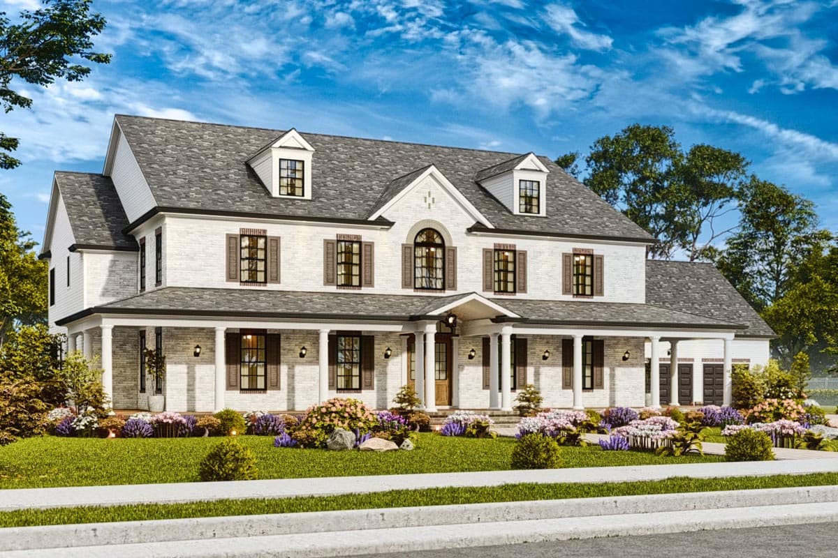 House plan exterior: two-story white brick home with a wrap-around porch, arched entry, and gabled dormers.