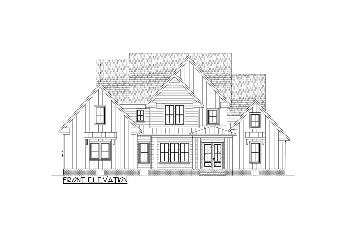 Front elevation of a two-story Modern Farmhouse plan with gables, board-and-batten siding, and a covered entry.