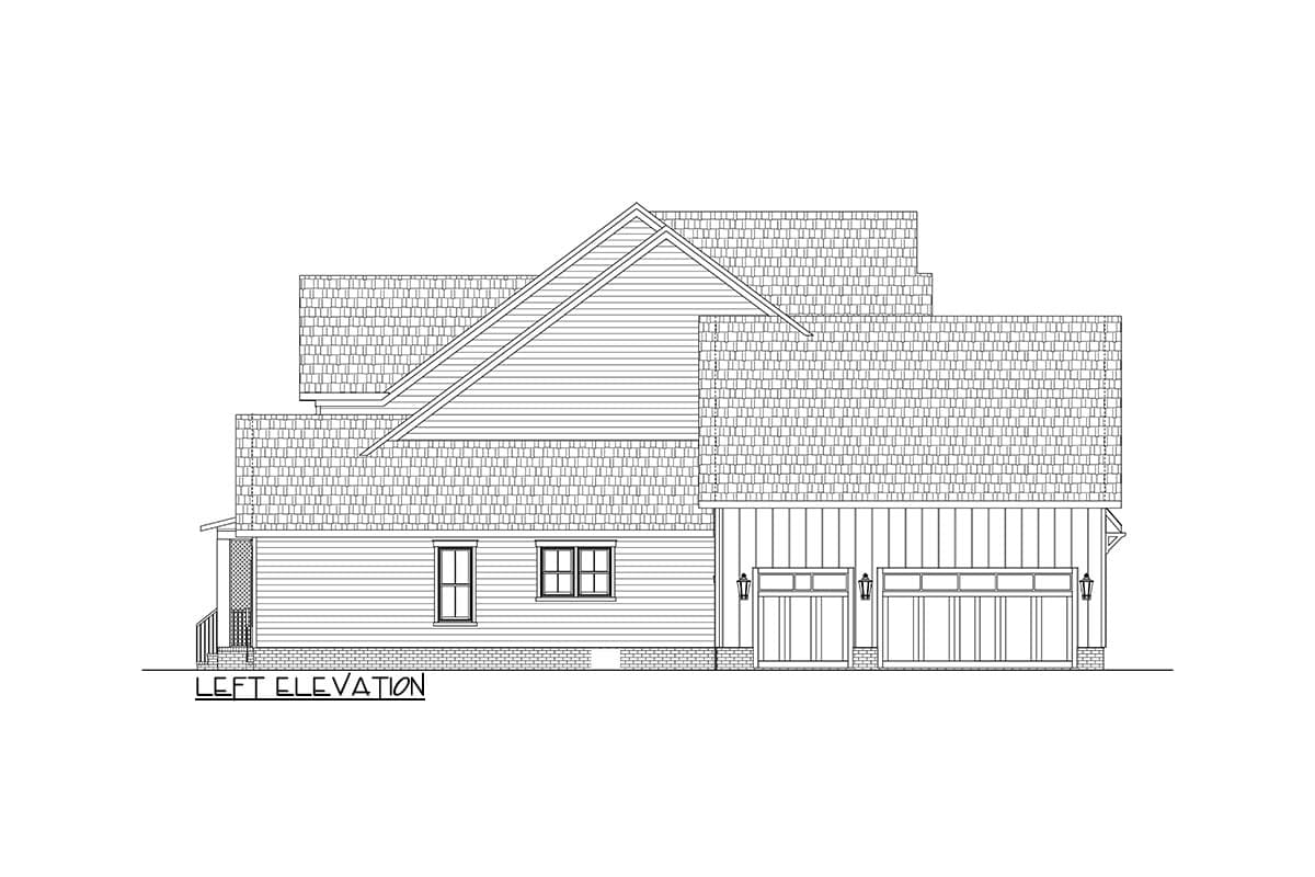 Left elevation house plan showing a multi-story structure with a gable roof, siding, and a three-car garage.