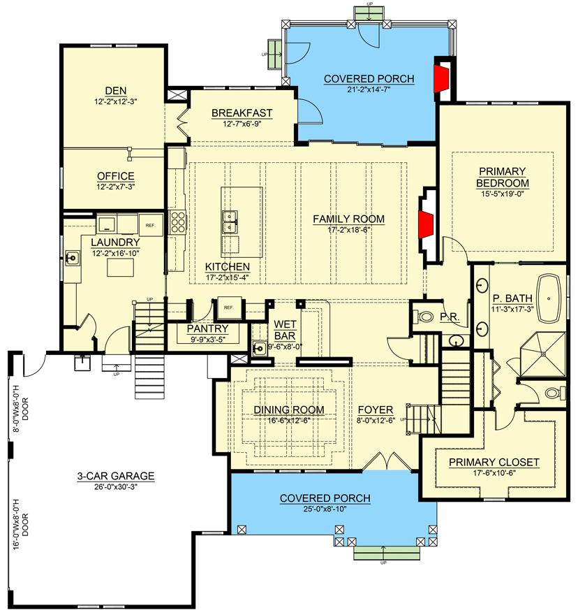 Plan 550013LAN: Fresh Country House Plan with Main-level Den or Office and Primary Bedroom - Floor Plan - Main Level - Country, New American, Traditional